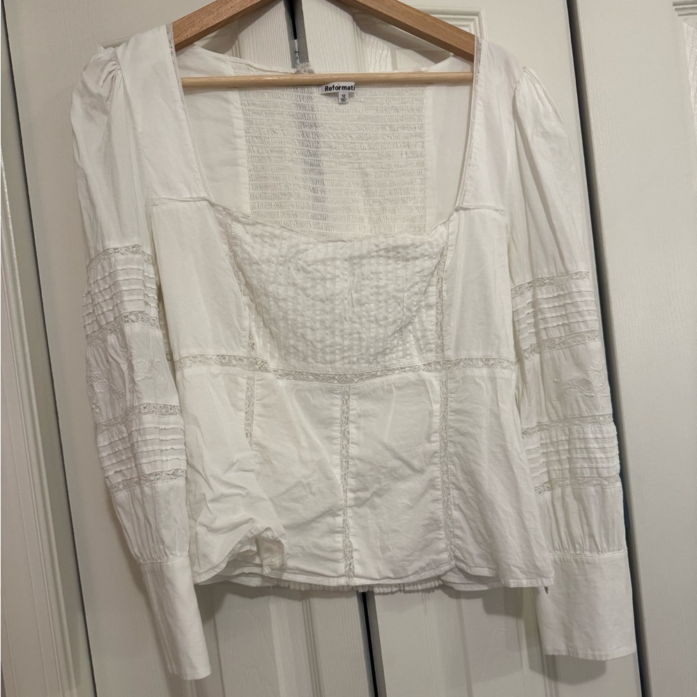 Reformation White Smocked Long Sleeve Blouse
